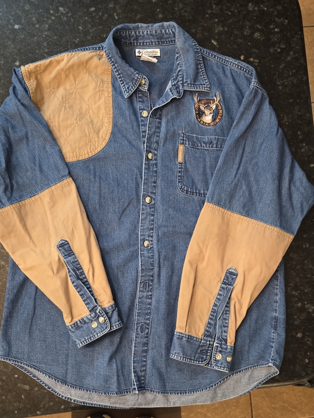 Columbia Denim Shirt with Tan Quilted Shoulder & Patch